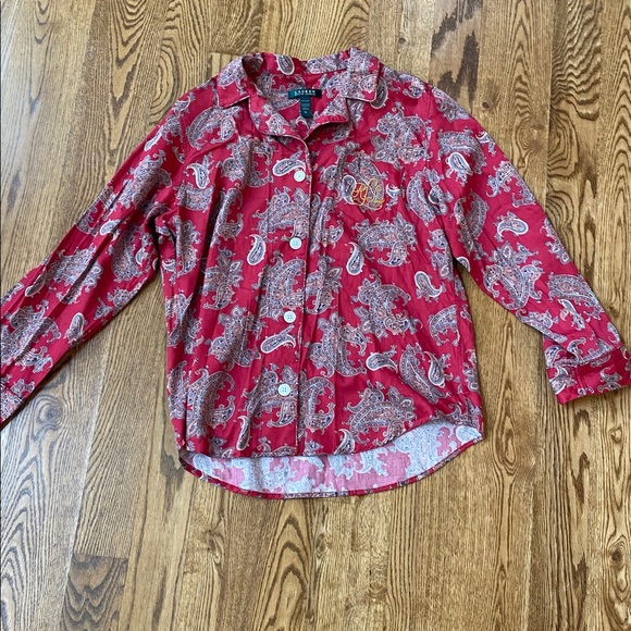 Lauren Ralph Lauren button front paisley pajama top XL monogram Preppycore - Picture 6 of 11